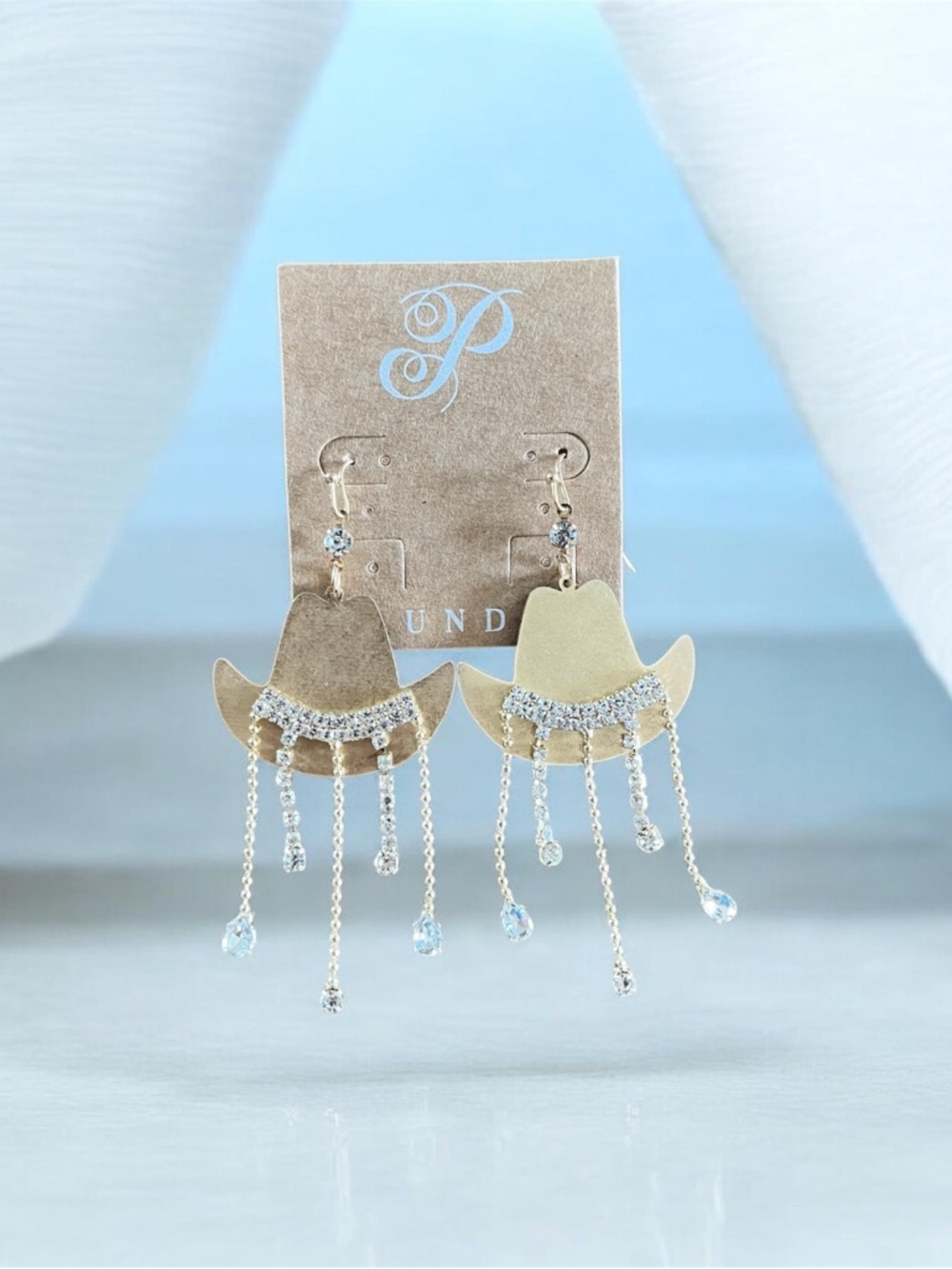 Plunder Goldtone Cowgirl Hat Western Rhinestone Dangle Earrings